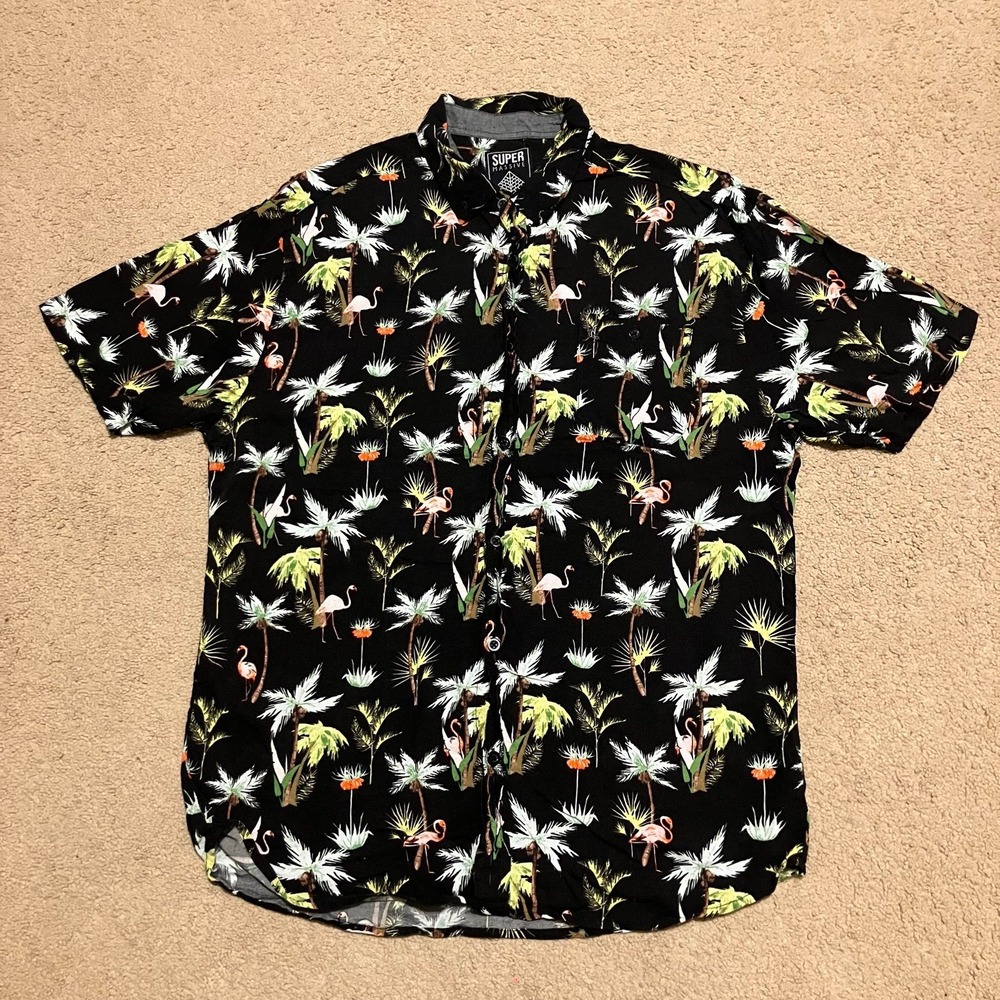 Super Massive Men's L Button Down Short Sleeve 90s Flamingo Palm Print Shirt VTG